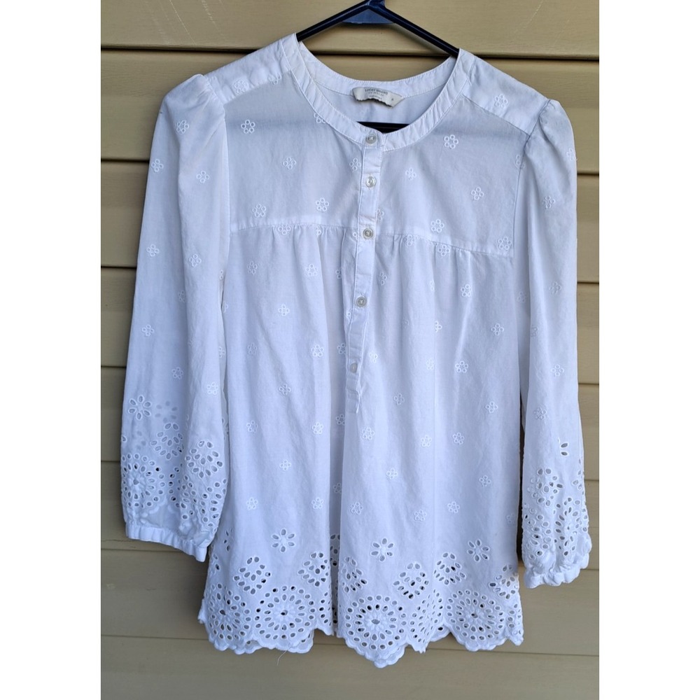 Lucky Brand Women's Cotton White Embroidered Eyelet Blouse Top Shirt M